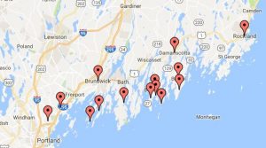 Boothbay, Boothbay Harbor, Bristol, Brunswick, Damariscotta, Falmouth, Harpswell, New Harbor, Ocean Point, Phippsburg, Rockland, South Harpswell, Southport, Yarmouth
